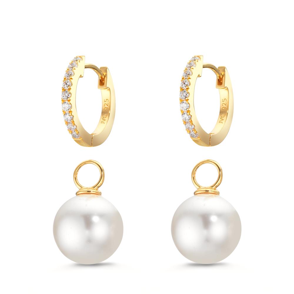 Klappcreolen Silber Zirkonia 18 Steine gelb vergoldet shining Pearls, 2 Perlen, 10 mm