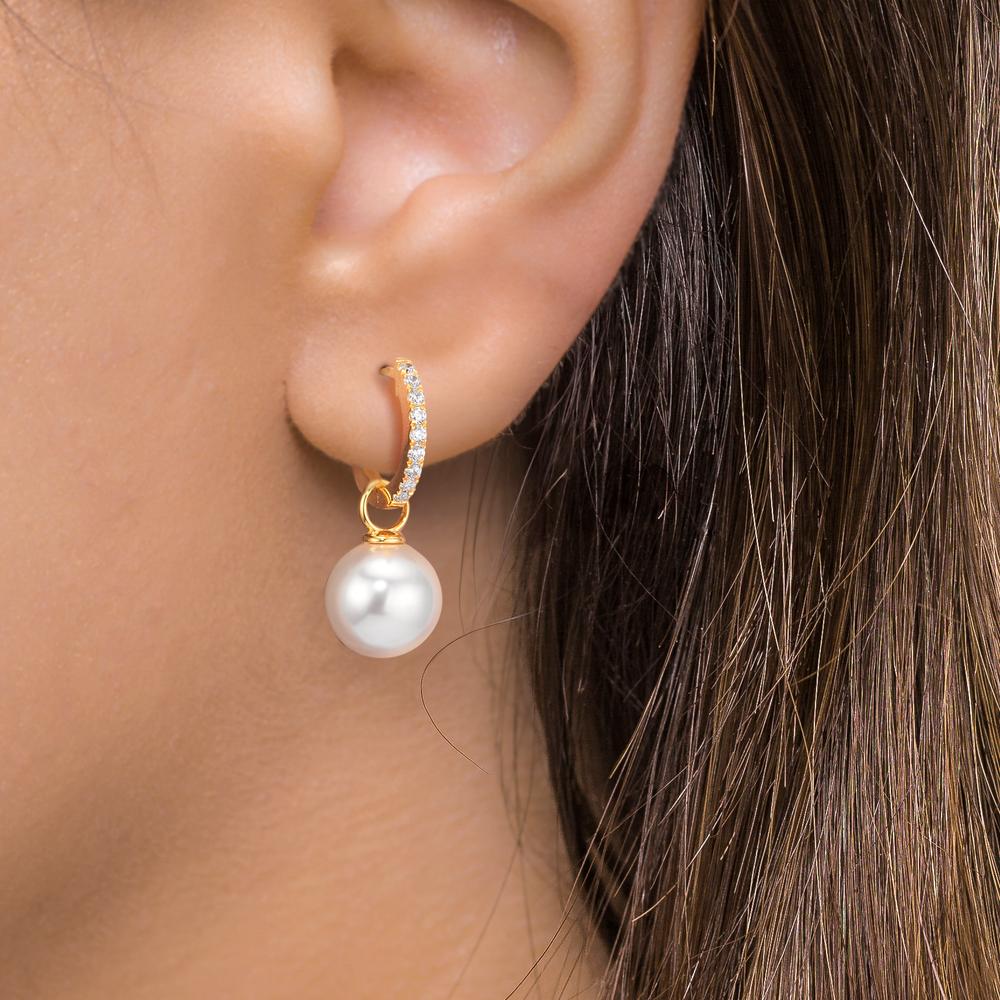Klappcreolen Silber Zirkonia 18 Steine gelb vergoldet shining Pearls, 2 Perlen, 10 mm