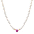 Collier 750/18 K Rotgold Rubin 0.62 ct Süsswasserzuchtperlen, 3.5 mm Herz 40-44 cm verstellbar