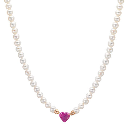 Collier 750/18 K Rotgold Rubin 0.62 ct Süsswasserzuchtperlen, 3.5 mm Herz 40-44 cm verstellbar