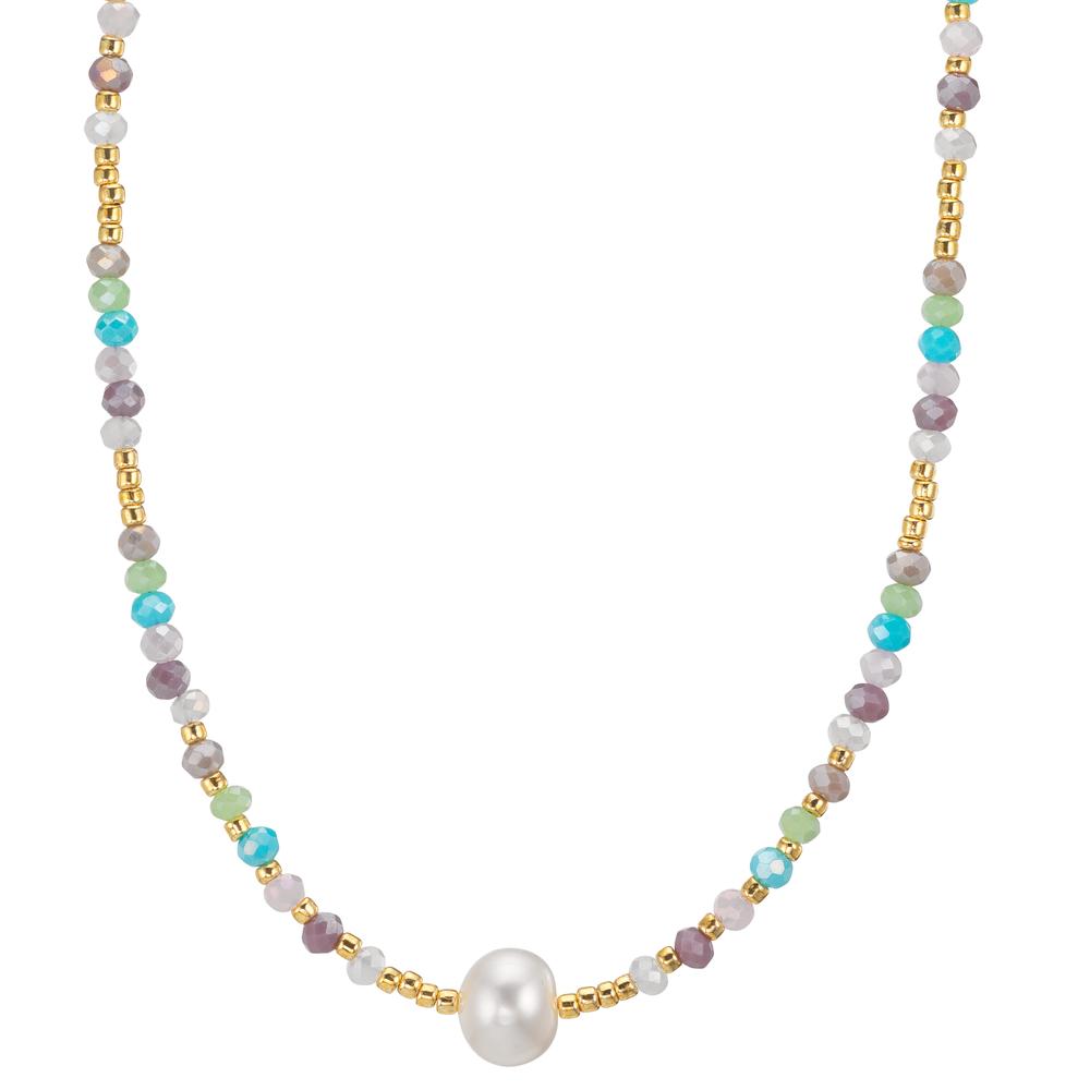 Collier Edelstahl Kristall mehrfarbig gelb IP beschichtet Süsswasserzuchtperlen, 8 mm 42 cm