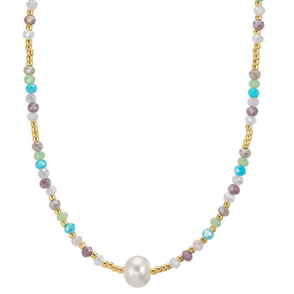 Collier Edelstahl Kristall mehrfarbig gelb IP beschichtet Süsswasserzuchtperlen, 8 mm 42 cm