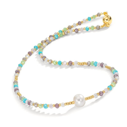 Collier Edelstahl Kristall mehrfarbig gelb IP beschichtet Süsswasserzuchtperlen, 8 mm 42 cm