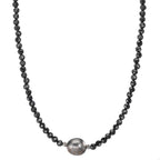 Collier Edelstahl Spinell schwarz, 3 mm Tahitiperlen, 9.5 mm 43-47 cm verstellbar