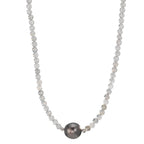 Collier Edelstahl Labradorit grau, 3 mm Tahitiperlen, 9.5 mm 43-47 cm verstellbar