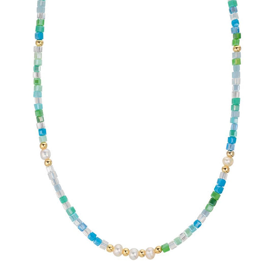 Collier Edelstahl Kristall gelb IP beschichtet Süsswasserzuchtperle, 5 Perlen, 4.5 mm 43 cm