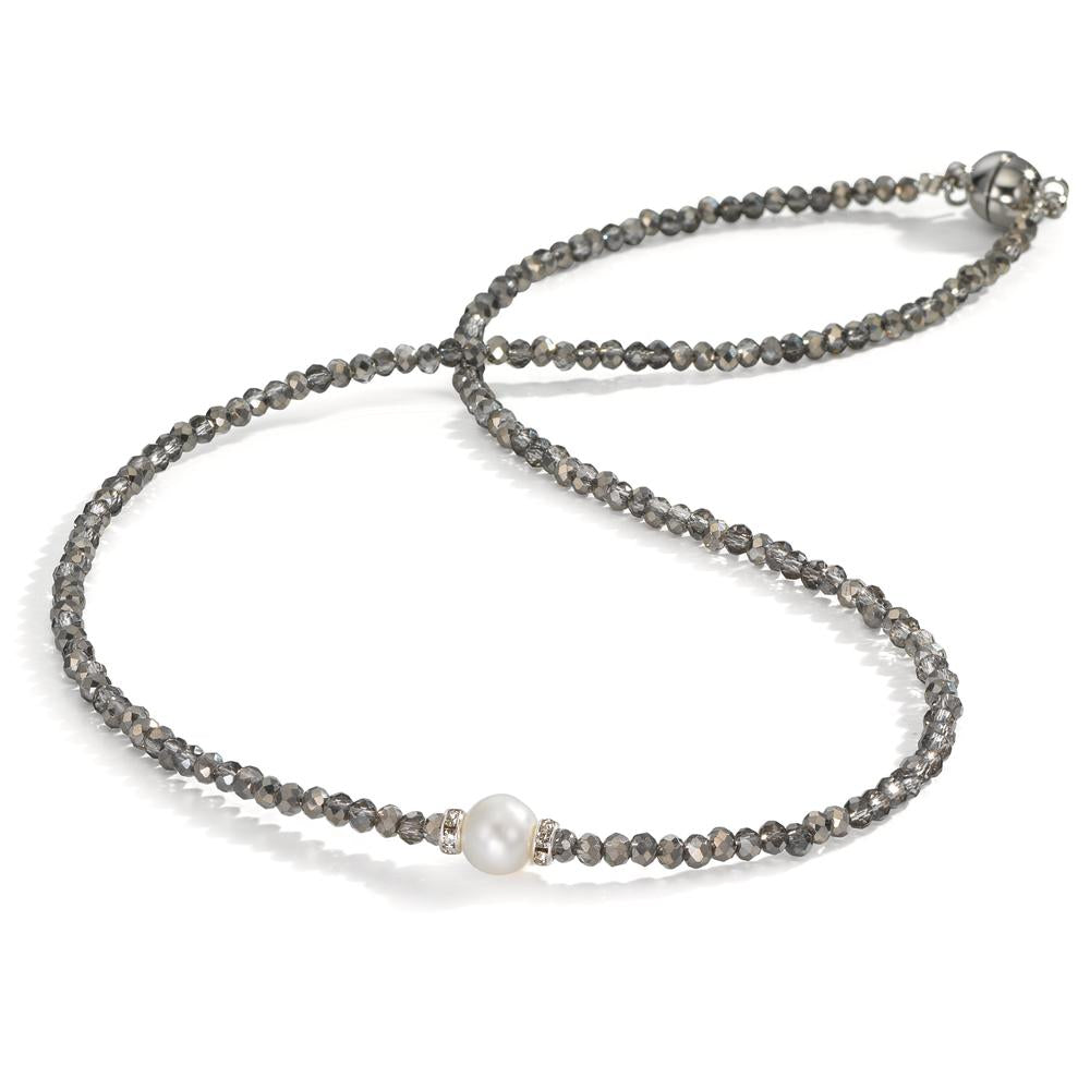 Collier Edelstahl Kristall grau Süsswasserzuchtperlen 6.5-7 mm 43 cm