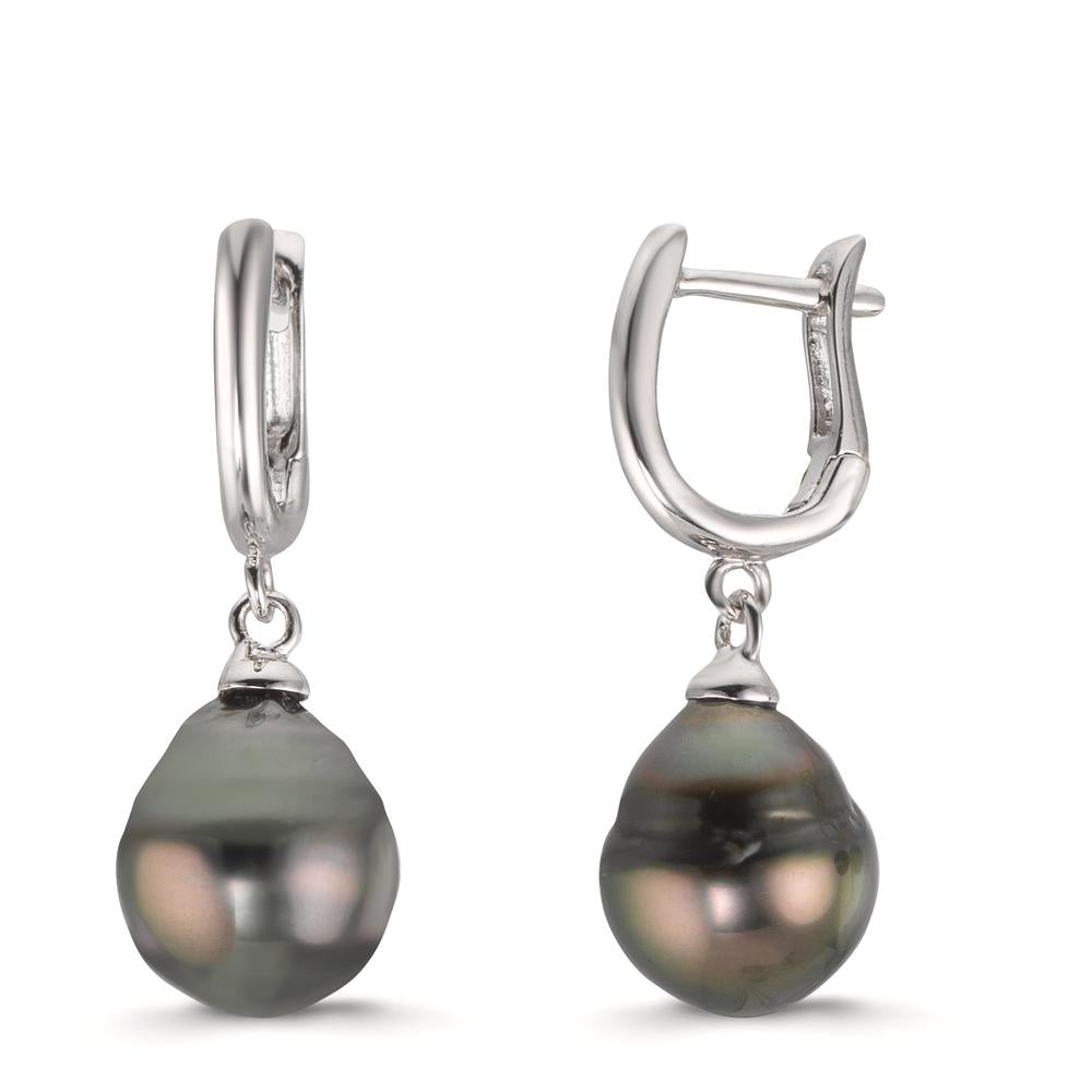 Klappcreolen Silber rhodiniert Tahitiperle, 2 Perlen 9-10 mm