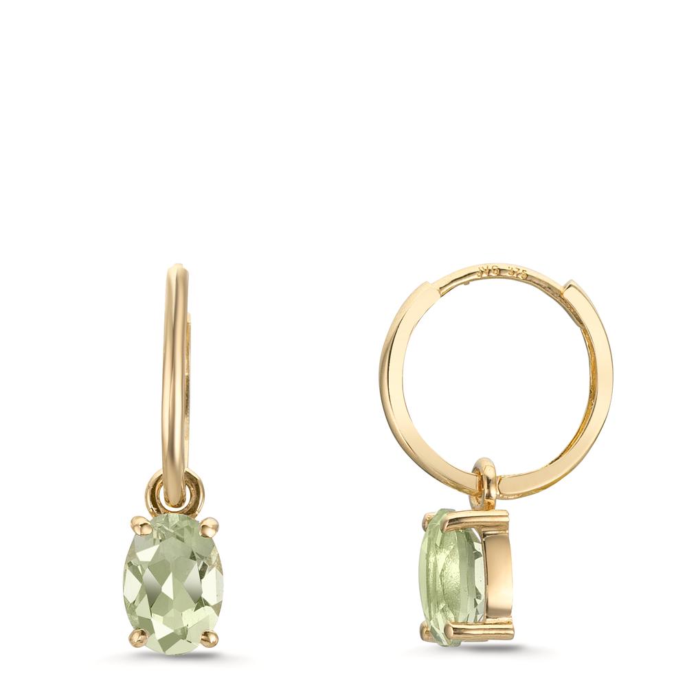 Creolen mit Einhänger 375/9 K Gelbgold Amethyst grün, 2 Steine