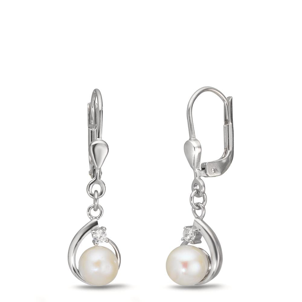 Ohrhänger Silber Zirkonia 2 Steine rhodiniert Süsswasserzuchtperle, 2 Perlen, 5.5 mm