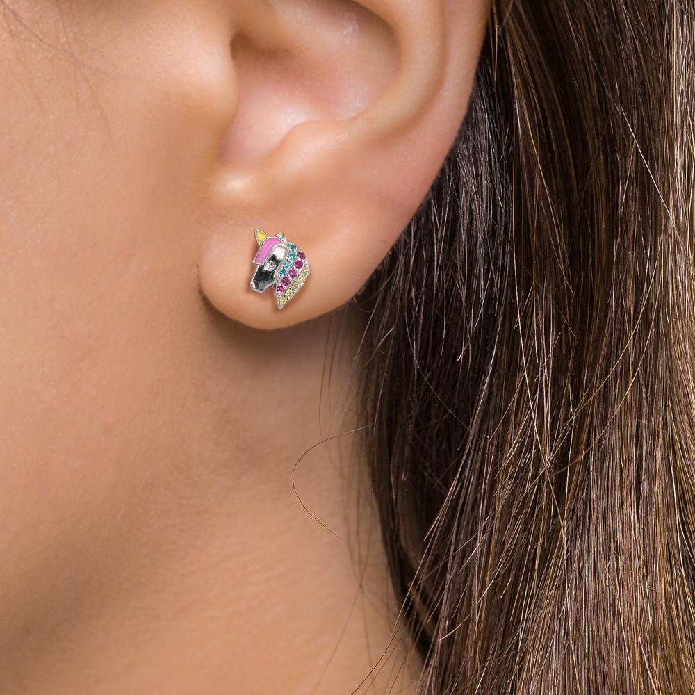 Ohrstecker Silber Zirkonia bunt rhodiniert Pferd Ø7 mm