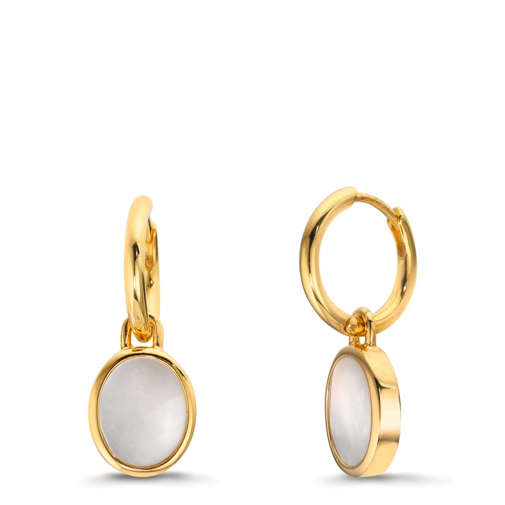 Creolen mit Einhänger Silber gelb vergoldet Perlmutt weiss, 2 Perlen 9-9.5 mm Ø14 mm