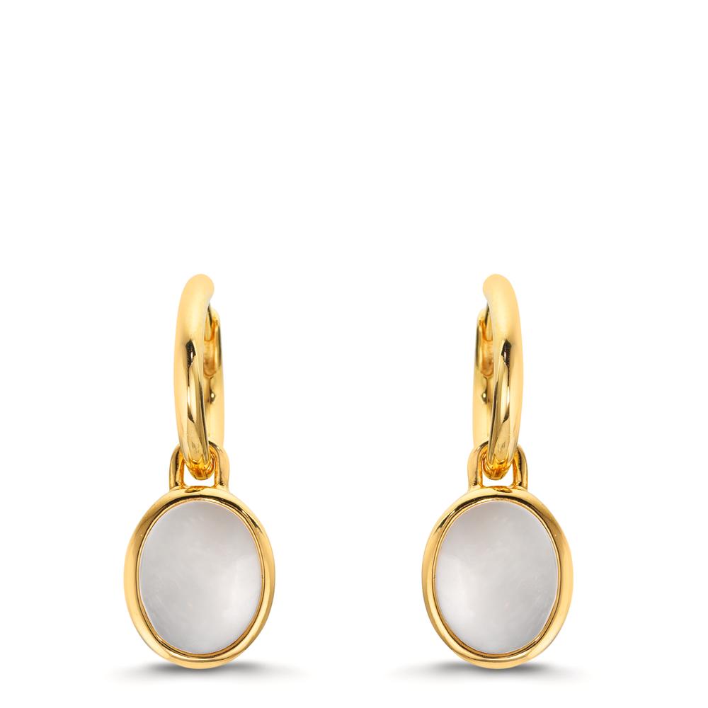 Creolen mit Einhänger Silber gelb vergoldet Perlmutt weiss, 2 Perlen 9-9.5 mm Ø14 mm