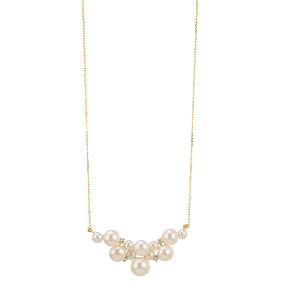 Collier 750/18 K Gelbgold Diamant 0.08 ct, 4 Steine, w-si Süsswasserzuchtperle, 12 Perlen 3.5-6.5 mm 42-45 cm verstellbar