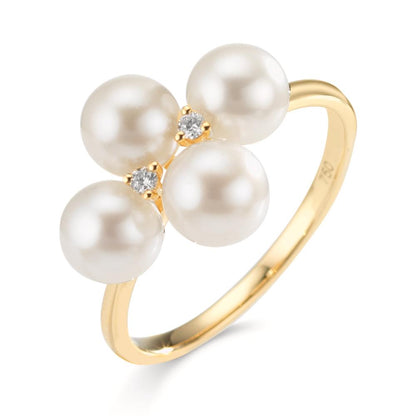 Fingerring 750/18 K Gelbgold Diamant 0.30 ct, 2 Steine, w-si Süsswasserzuchtperle, 4 Perlen 5.5-6 mm