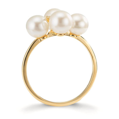 Fingerring 750/18 K Gelbgold Diamant 0.30 ct, 2 Steine, w-si Süsswasserzuchtperle, 4 Perlen 5.5-6 mm