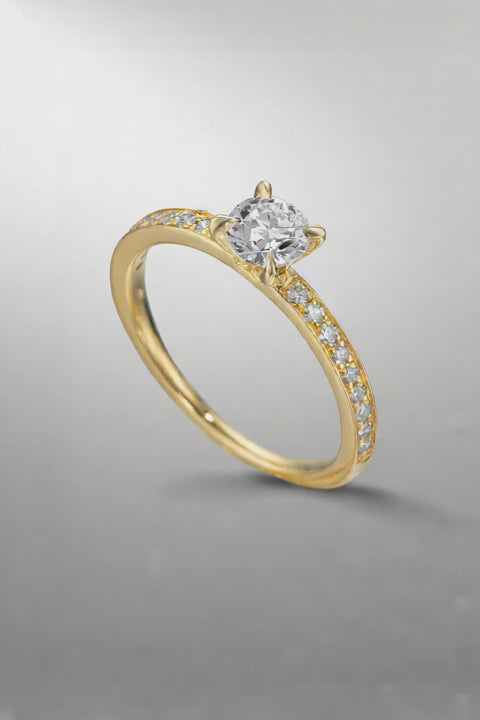 Solitär Ring 750/18 K Gelbgold Diamant 0.47 ct, Brillantschliff, w-si, Diamant 0.18 ct, 18 Steine, Brillantschliff, w-si